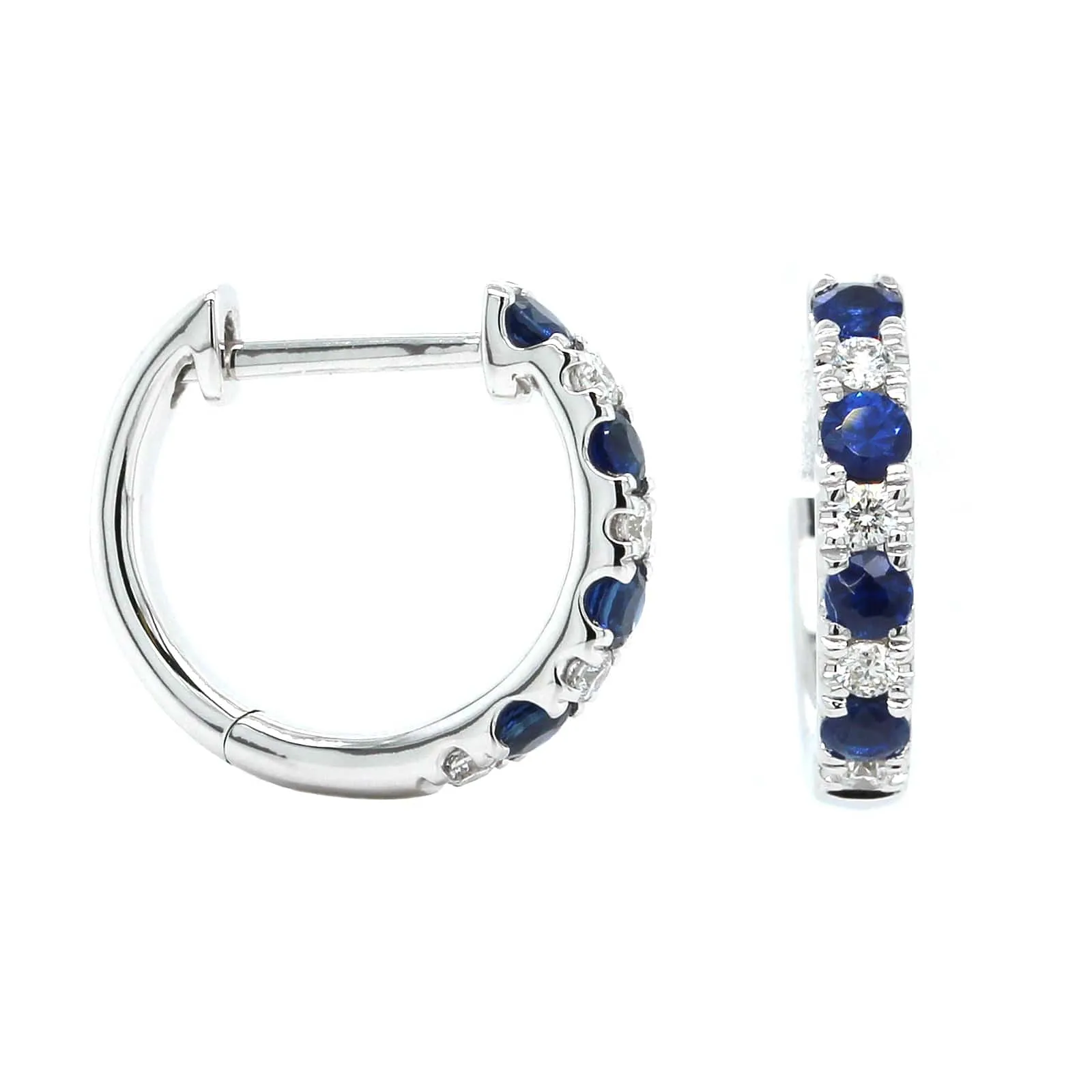 14K White Gold Diamond and Sapphire Huggie Hoops