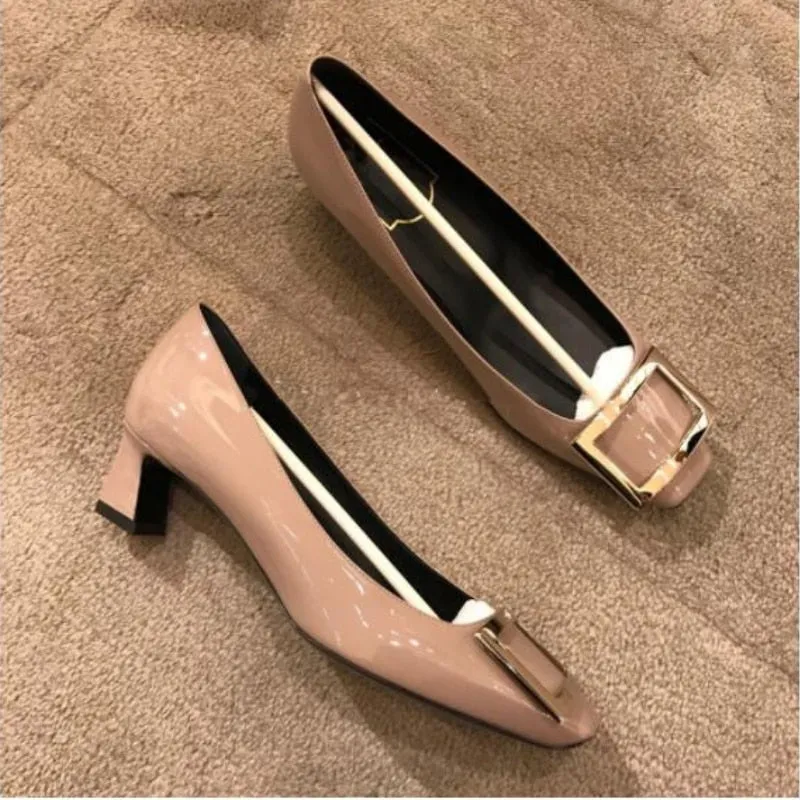 Advbridge Autumn and Winter Women's Shoes Patent Leather Square Toe Thick Heel High Heels Mid-heel Square Buckle  Wedding Shoes