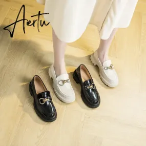 Aiertu Female Penny Shoes Spring  New Genuine Leather Ladies Lazy Shoes Student Platform Slip-On Loafers For Women