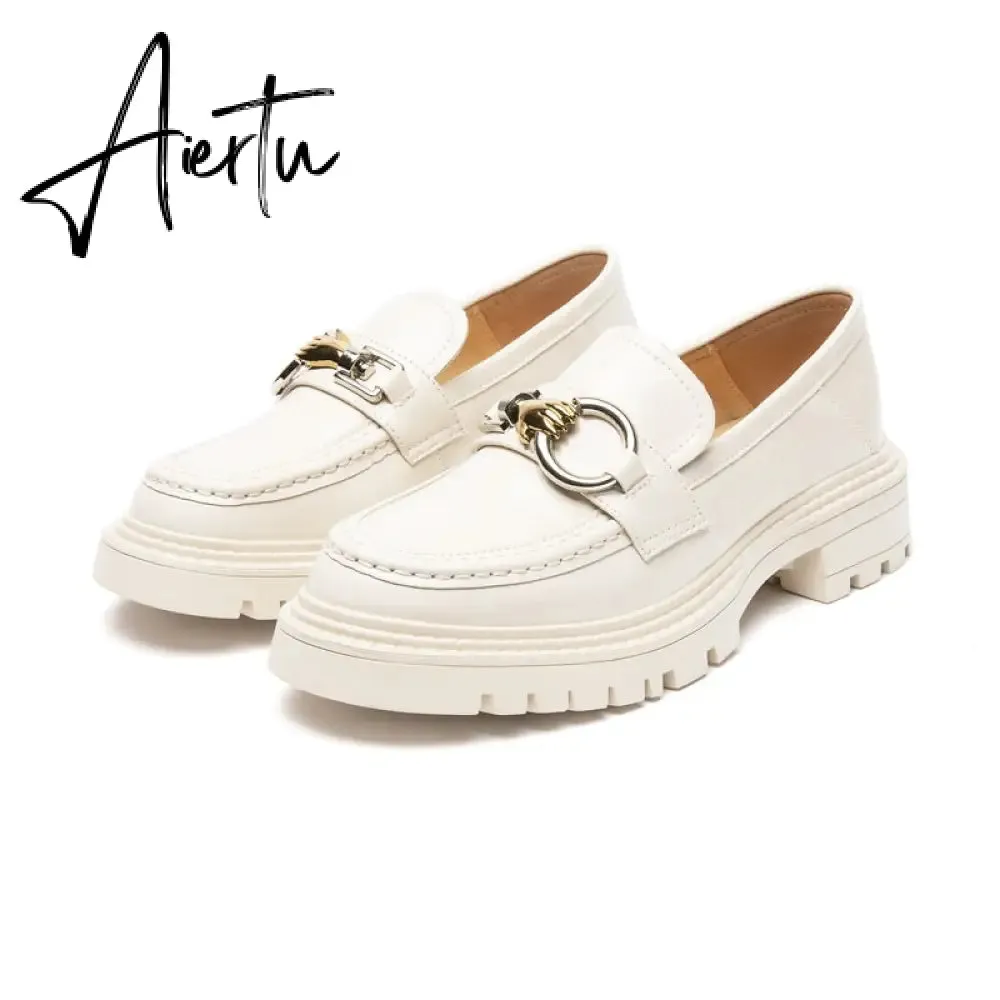 Aiertu Female Penny Shoes Spring  New Genuine Leather Ladies Lazy Shoes Student Platform Slip-On Loafers For Women