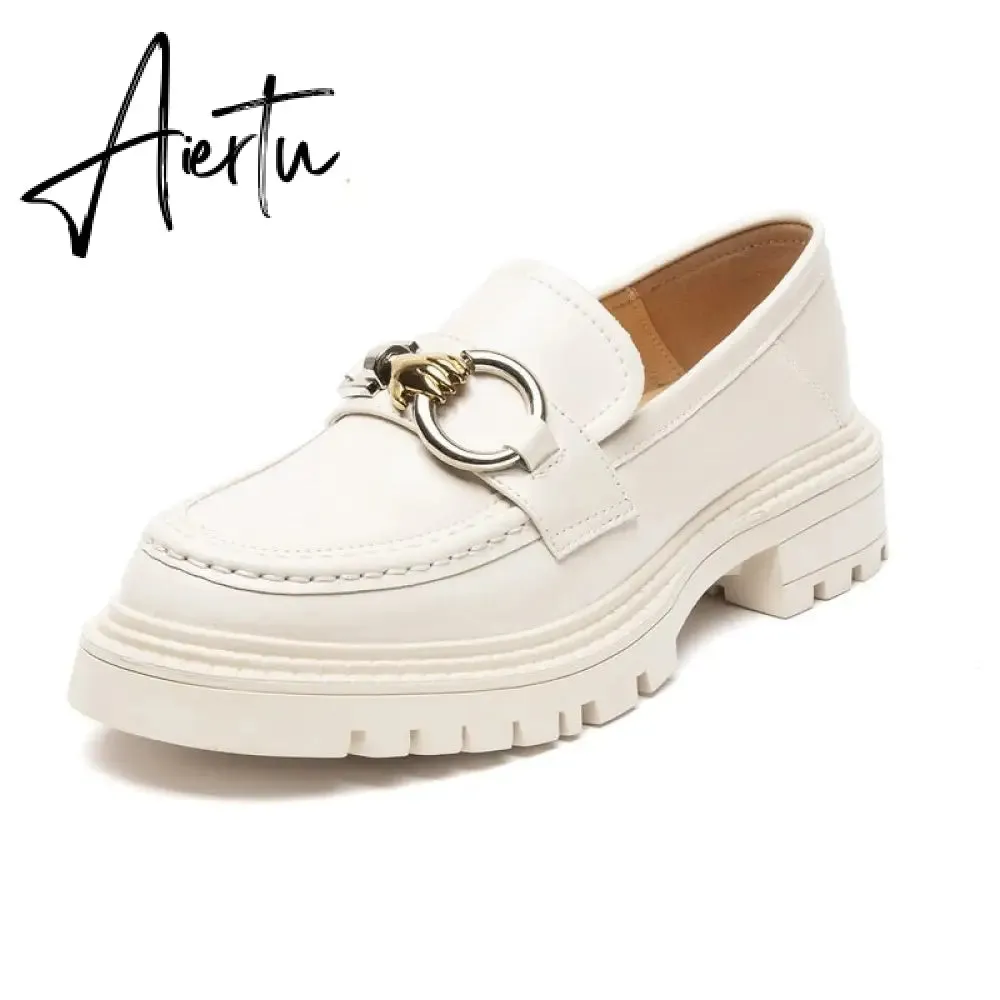 Aiertu Female Penny Shoes Spring  New Genuine Leather Ladies Lazy Shoes Student Platform Slip-On Loafers For Women