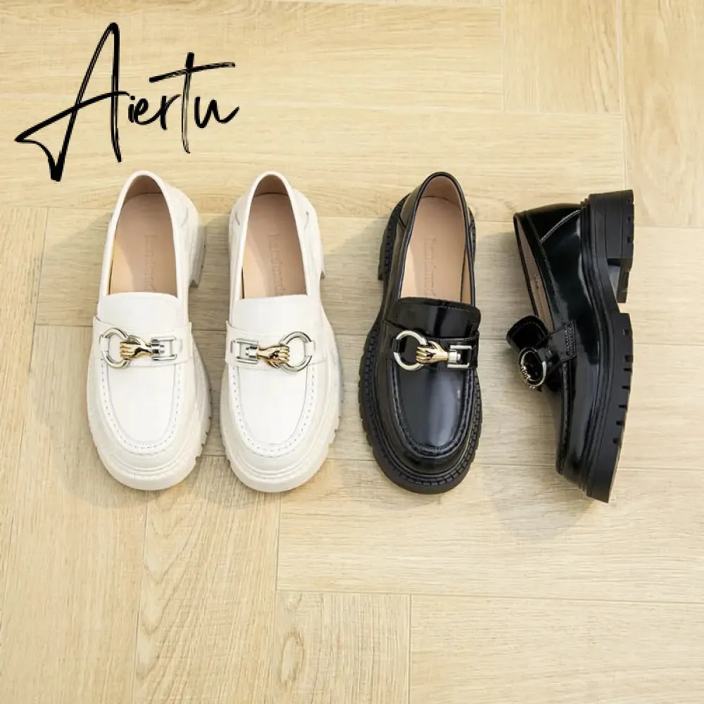 Aiertu Female Penny Shoes Spring  New Genuine Leather Ladies Lazy Shoes Student Platform Slip-On Loafers For Women