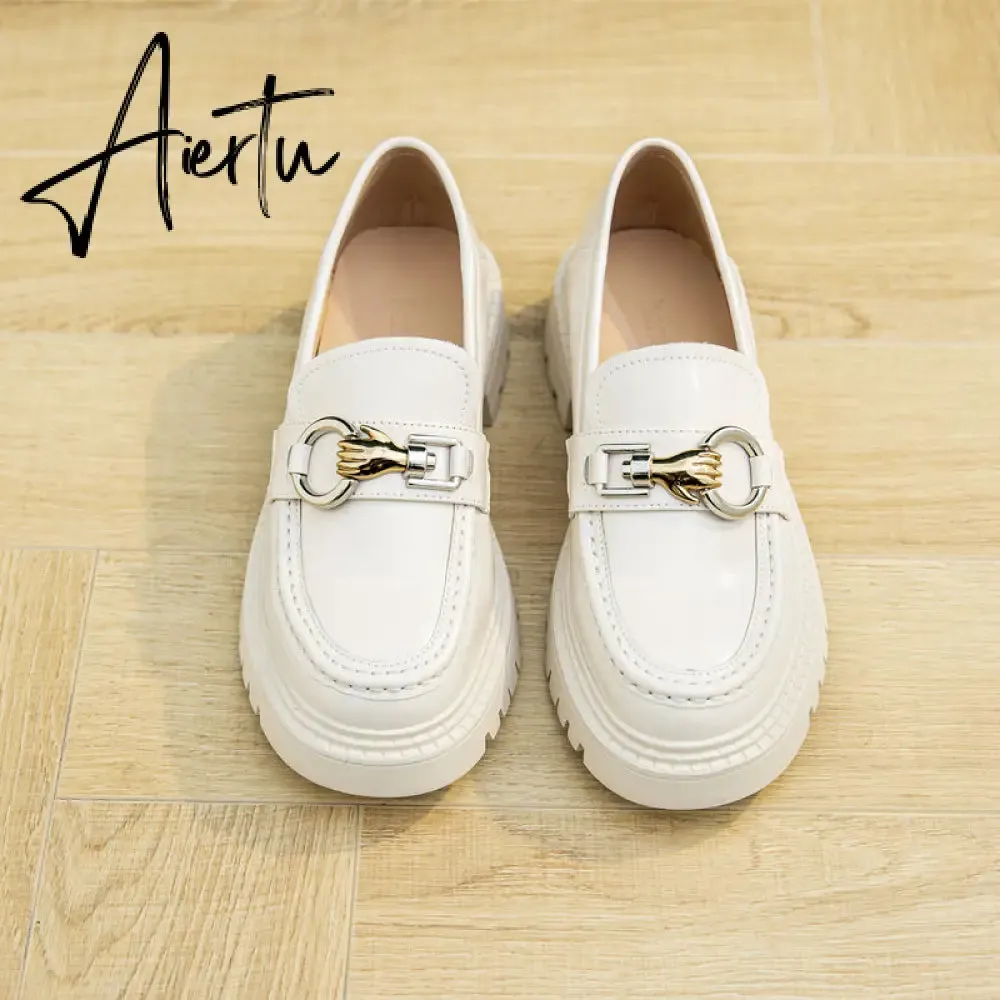 Aiertu Female Penny Shoes Spring  New Genuine Leather Ladies Lazy Shoes Student Platform Slip-On Loafers For Women