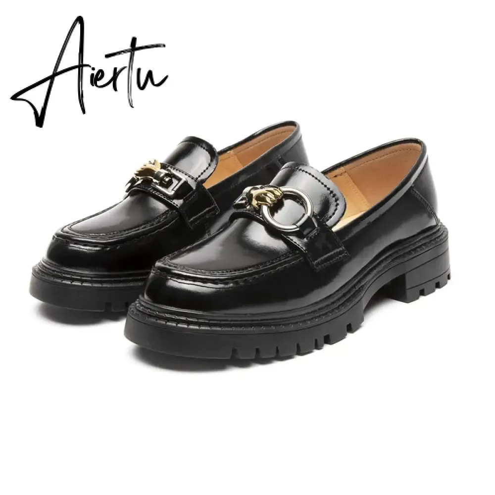 Aiertu Female Penny Shoes Spring  New Genuine Leather Ladies Lazy Shoes Student Platform Slip-On Loafers For Women