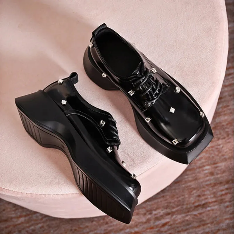 Amozae-Designer Shoes Rhinestones Platform Mary Jane Shoes Black Rivets Leather Shoe Square Head Casual Flat Women Shoes Luxury Loafers