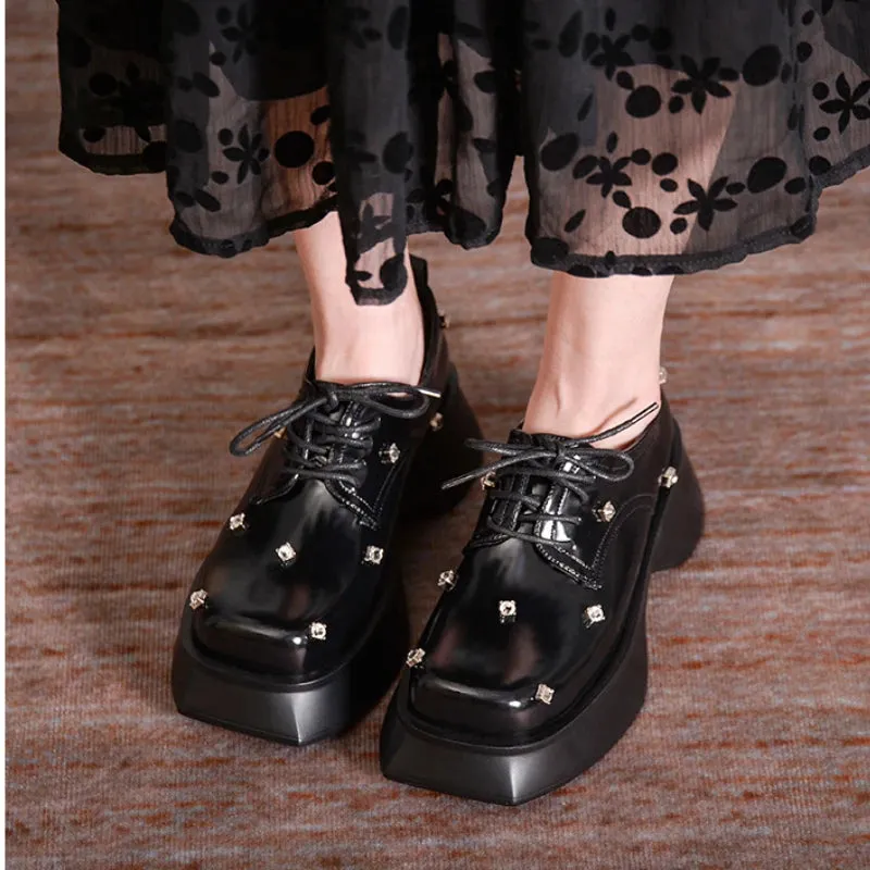 Amozae-Designer Shoes Rhinestones Platform Mary Jane Shoes Black Rivets Leather Shoe Square Head Casual Flat Women Shoes Luxury Loafers