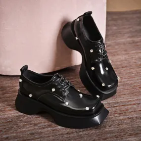 Amozae-Designer Shoes Rhinestones Platform Mary Jane Shoes Black Rivets Leather Shoe Square Head Casual Flat Women Shoes Luxury Loafers