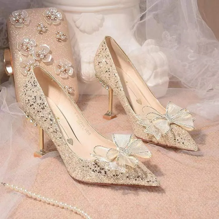 Amozae    Glitter Rhinestones Women Pumps Crystal bowknot Satin High Heels   Summer Party Wedding Prom Fashion Pointed Toe Shoes