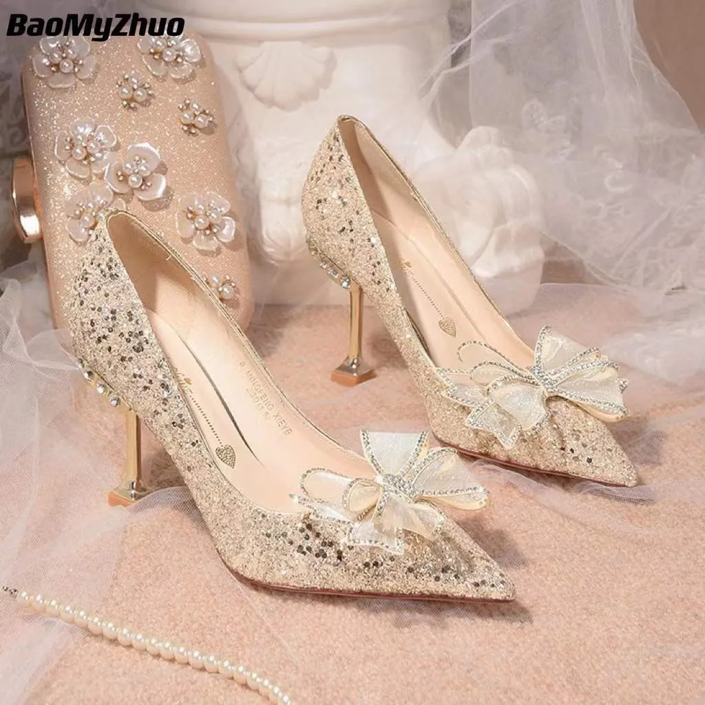 Amozae    Glitter Rhinestones Women Pumps Crystal bowknot Satin High Heels   Summer Party Wedding Prom Fashion Pointed Toe Shoes