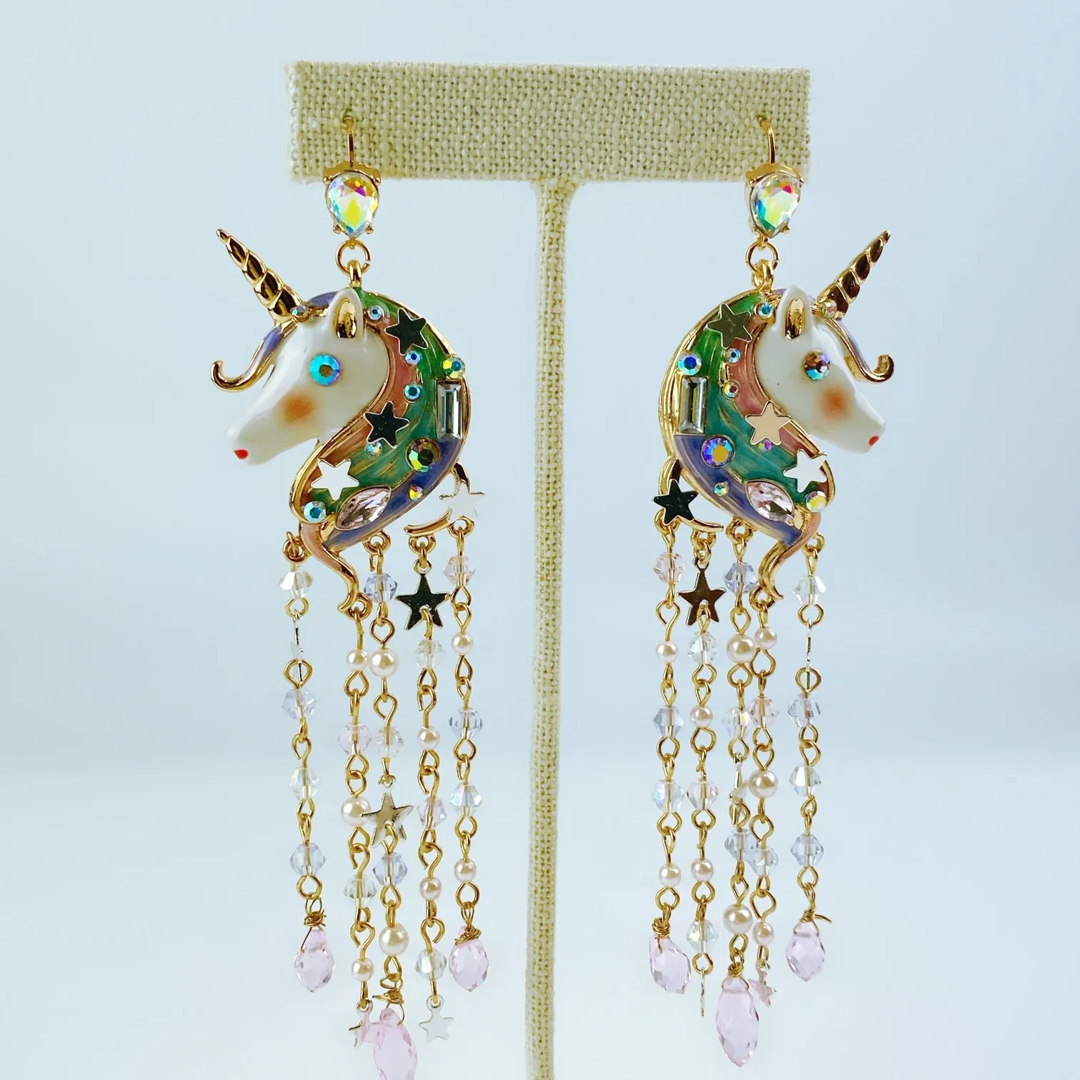 Betsey Johnson Gold-Tone Crystal & Bead Imitation Pearl Unicorn Fringe Chandelier Earrings