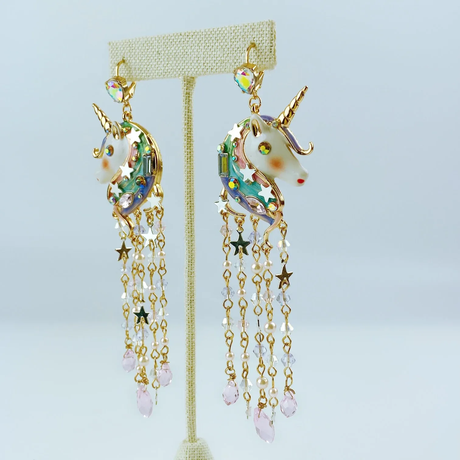 Betsey Johnson Gold-Tone Crystal & Bead Imitation Pearl Unicorn Fringe Chandelier Earrings