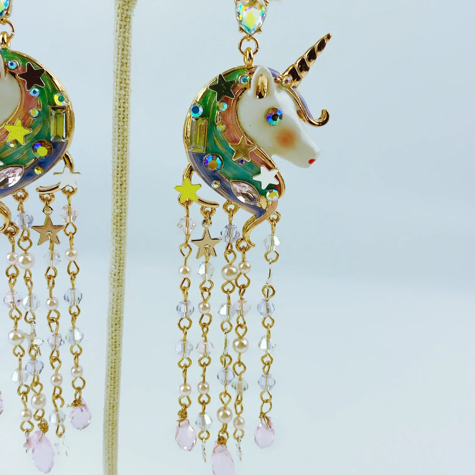 Betsey Johnson Gold-Tone Crystal & Bead Imitation Pearl Unicorn Fringe Chandelier Earrings