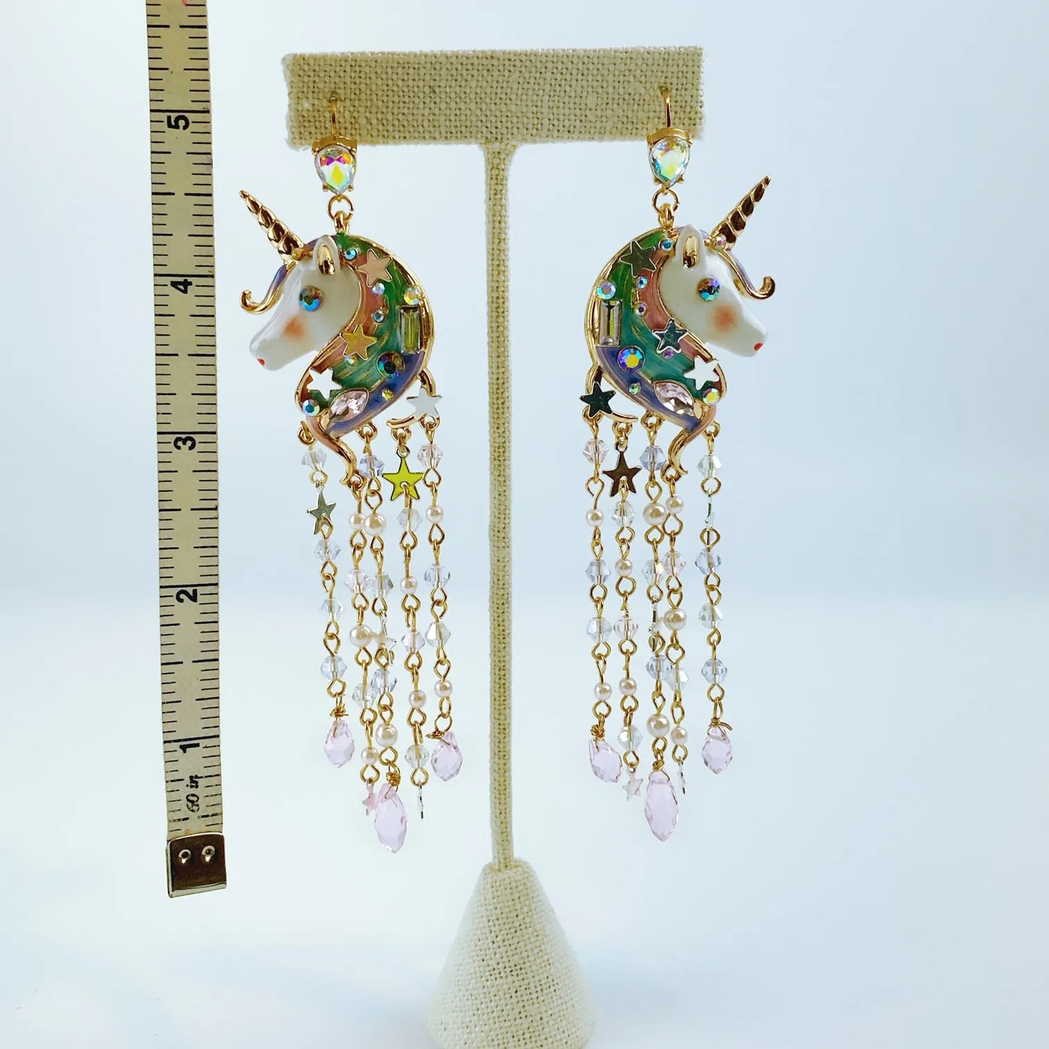 Betsey Johnson Gold-Tone Crystal & Bead Imitation Pearl Unicorn Fringe Chandelier Earrings