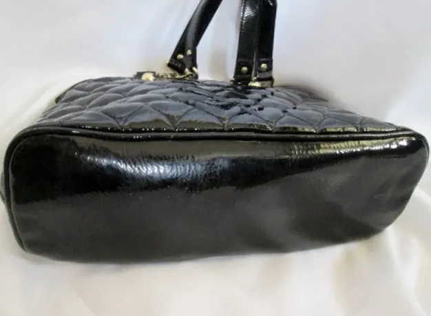 BETSEY JOHNSON Quilted HEART Vegan Satchel Bowler Bag BLACK Fringe Tassel Bow Chianlink