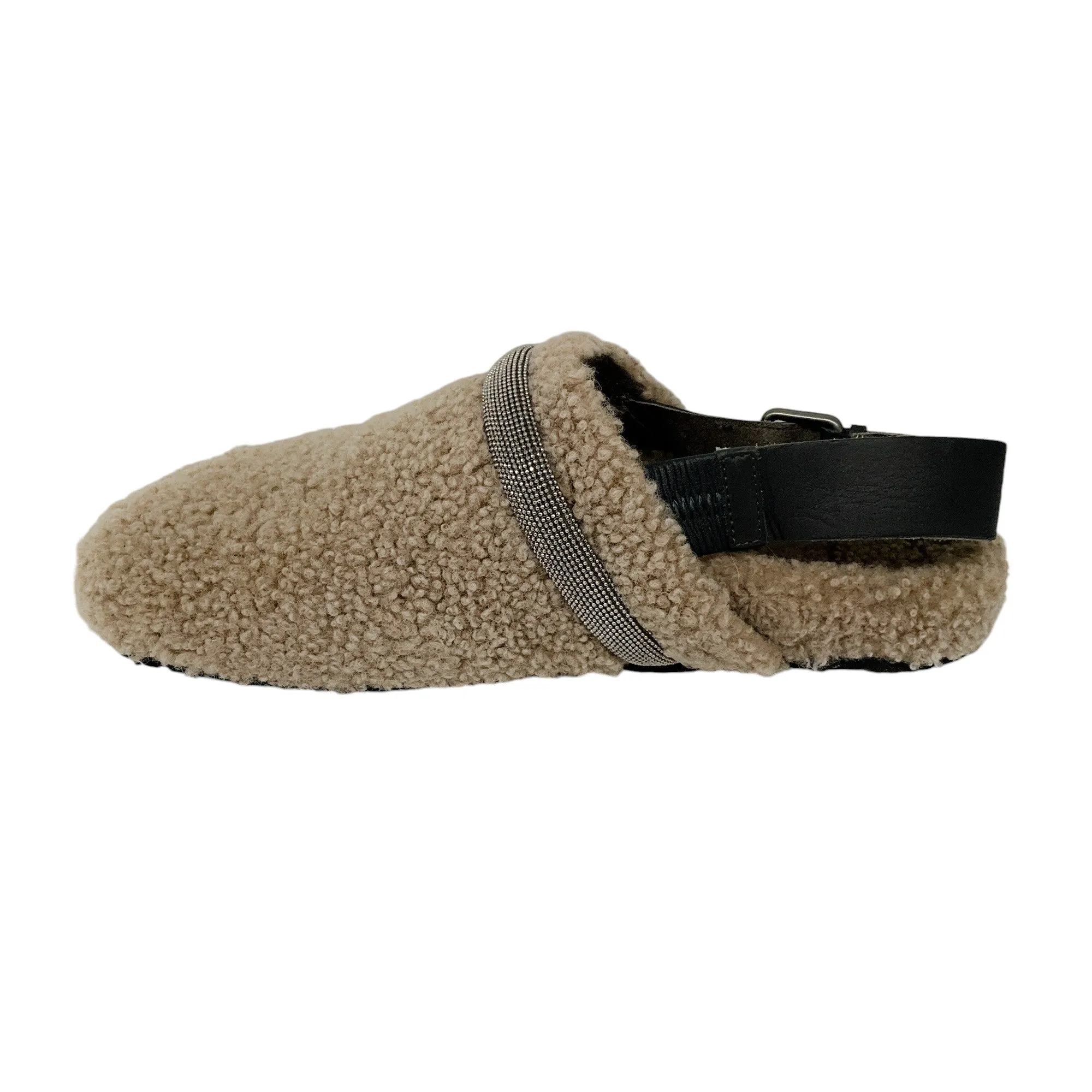 Brunello Cucinelli Taupe Monili Bead Embellished Shearling Slingback Slippers