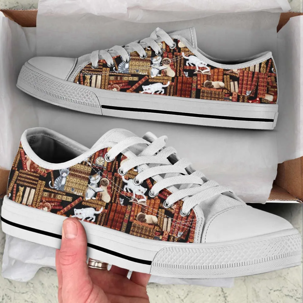 Cat Lover Shoes In The Library Low Top Shoes Canvas Shoes Print Lowtop, Cat Canvas Shoes