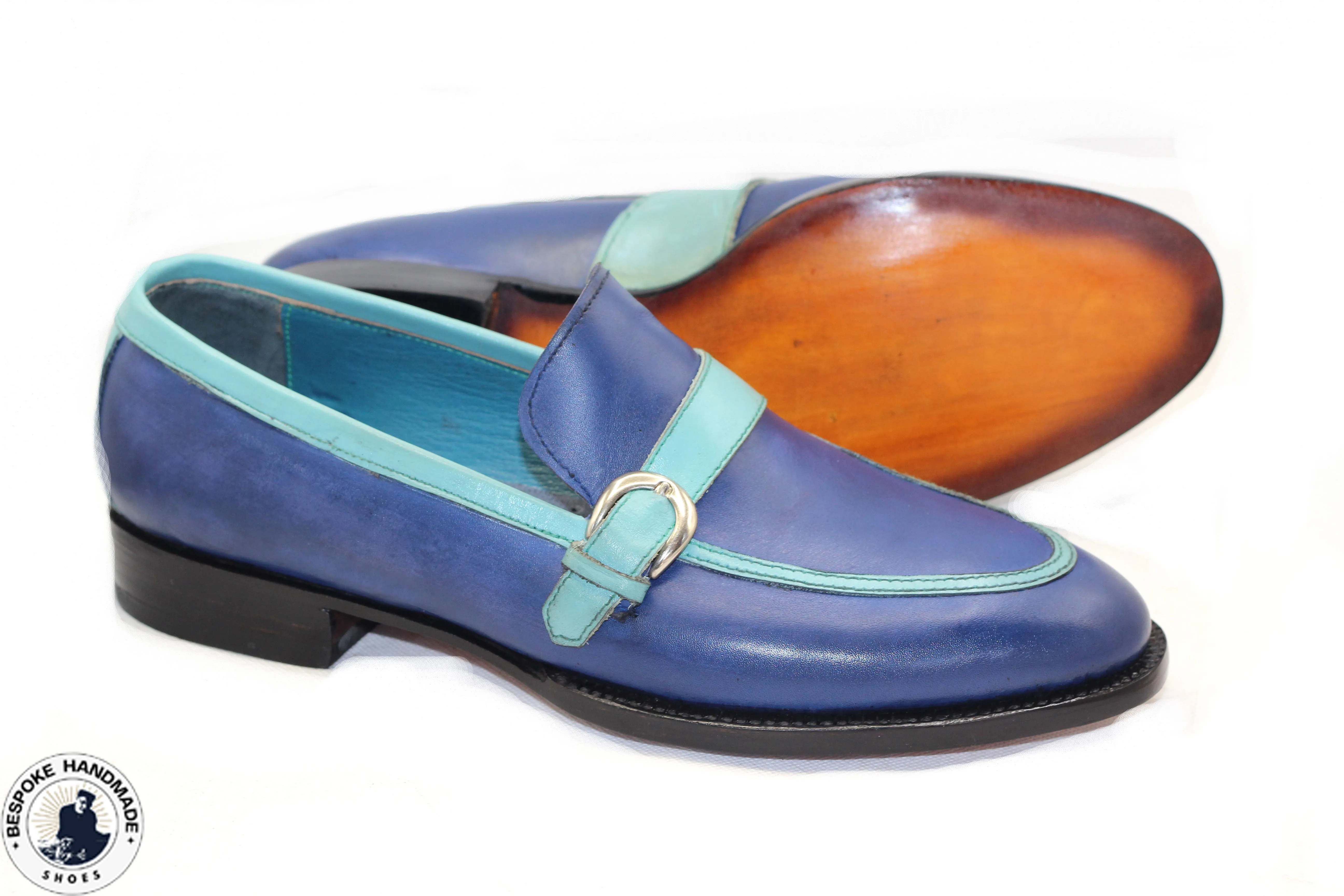 Custom Made Two Tone Blue Leather Handmade Shoes, Slip On Loafers Men's Dress Shoes