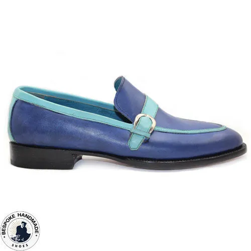 Custom Made Two Tone Blue Leather Handmade Shoes, Slip On Loafers Men's Dress Shoes