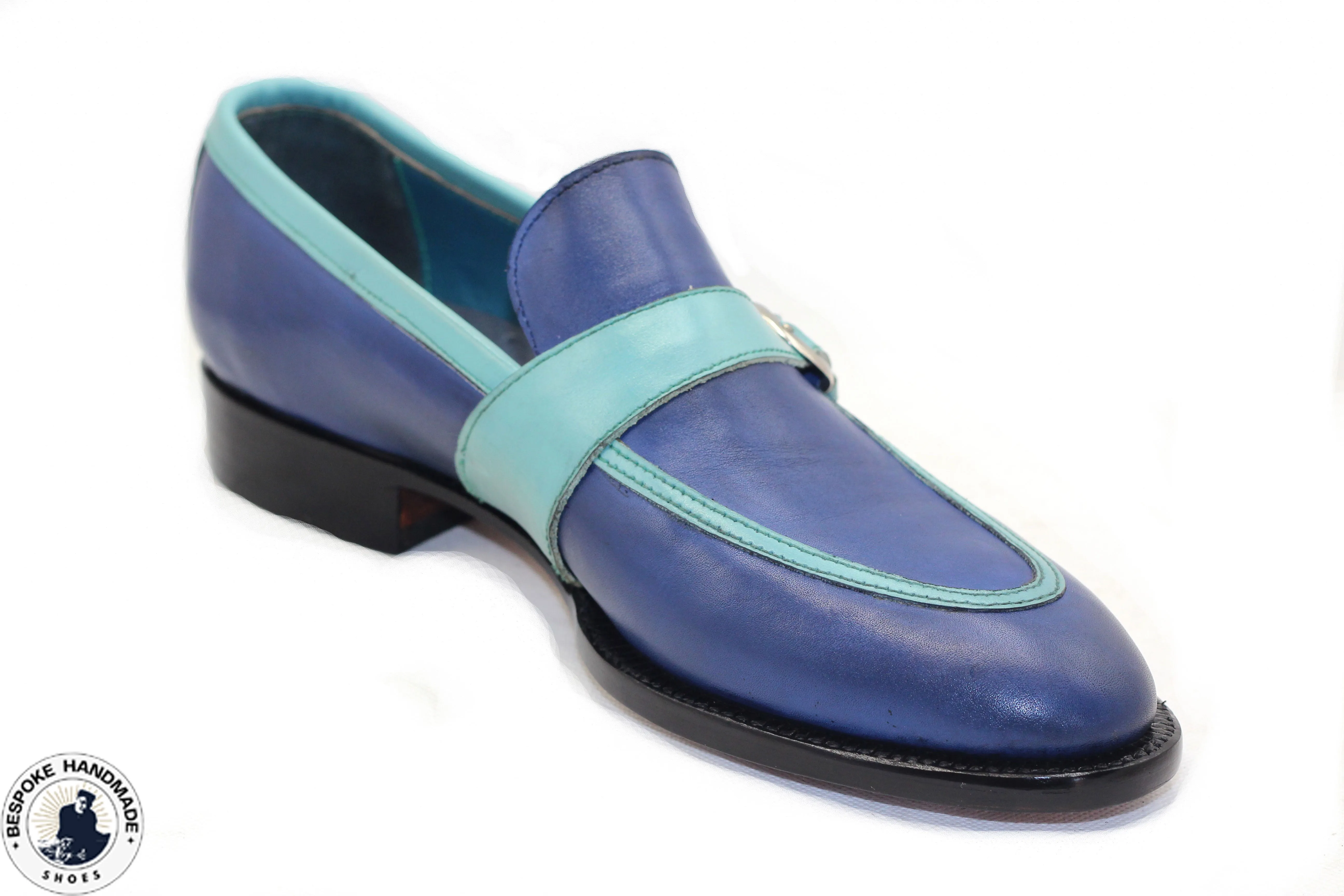 Custom Made Two Tone Blue Leather Handmade Shoes, Slip On Loafers Men's Dress Shoes