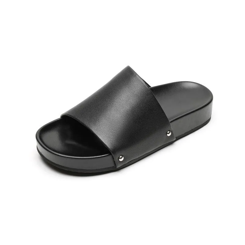 Handcrafted Leather Flats Peep Toe Summer Slippers in Black/Brown