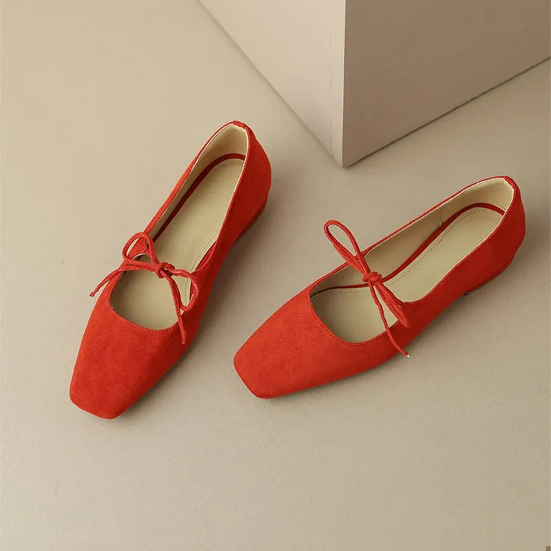 Handmade Leather Square Toe Flats in Red/Yellow