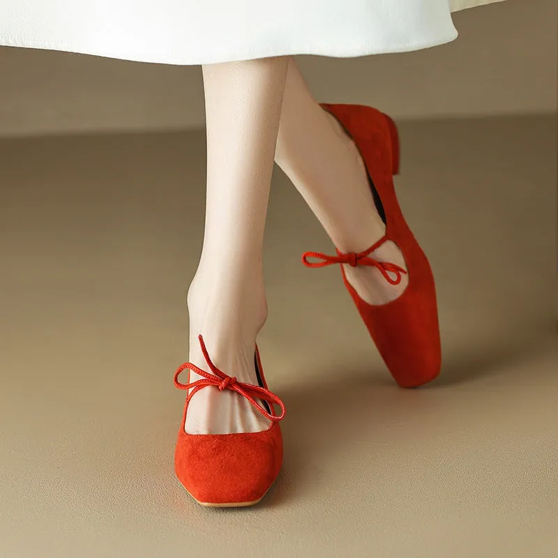 Handmade Leather Square Toe Flats in Red/Yellow