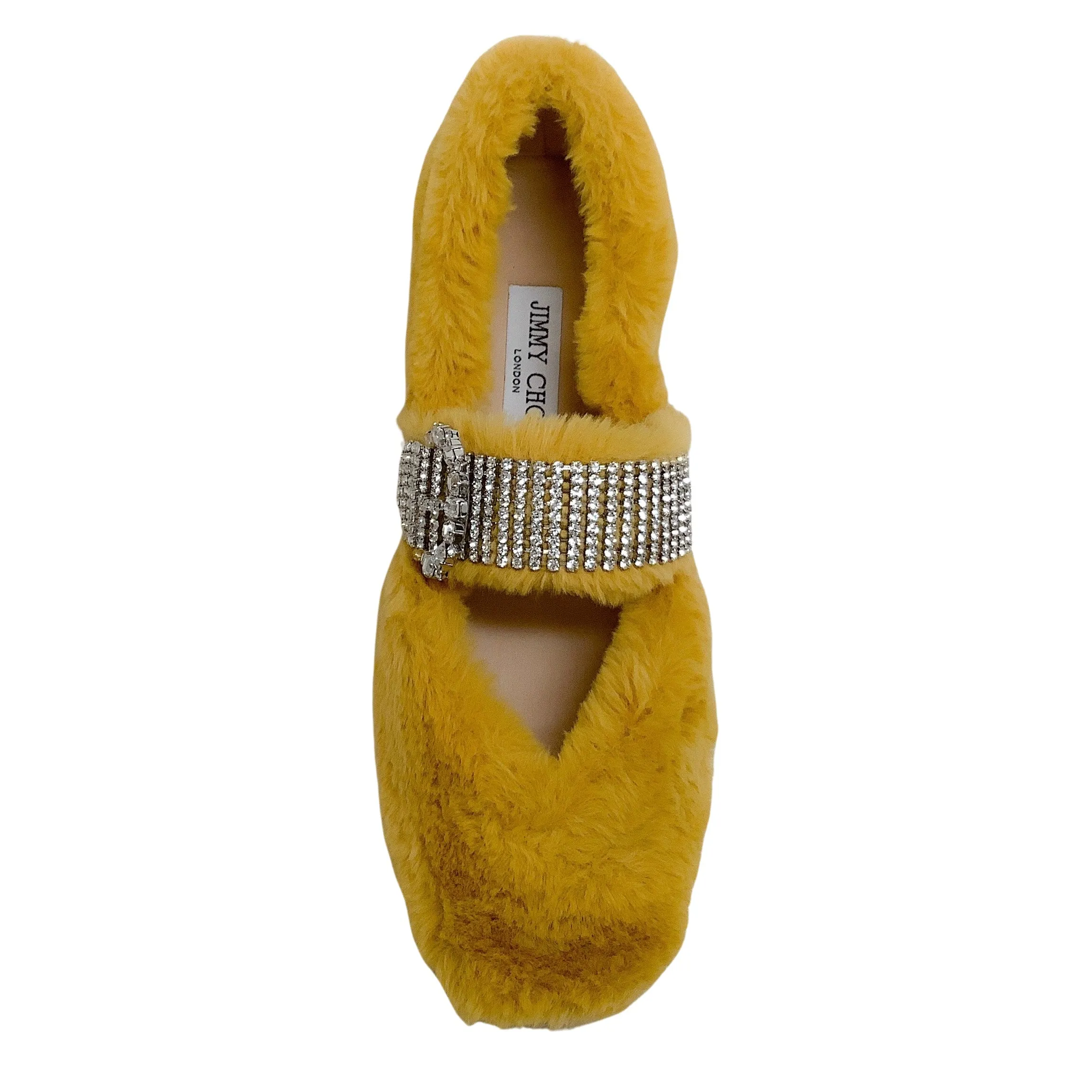 Jimmy Choo Yellow Faux Fur Krista Flats with Crystal Embellishments