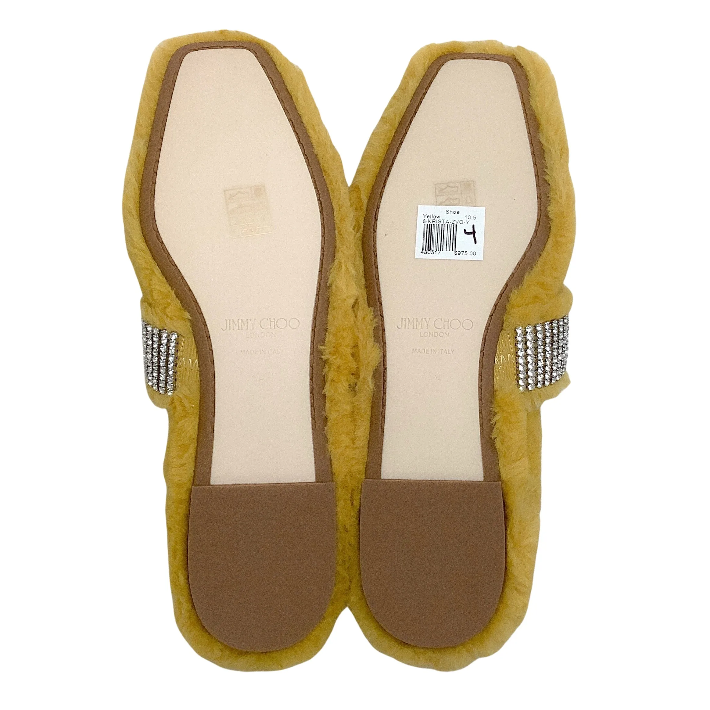 Jimmy Choo Yellow Faux Fur Krista Flats with Crystal Embellishments