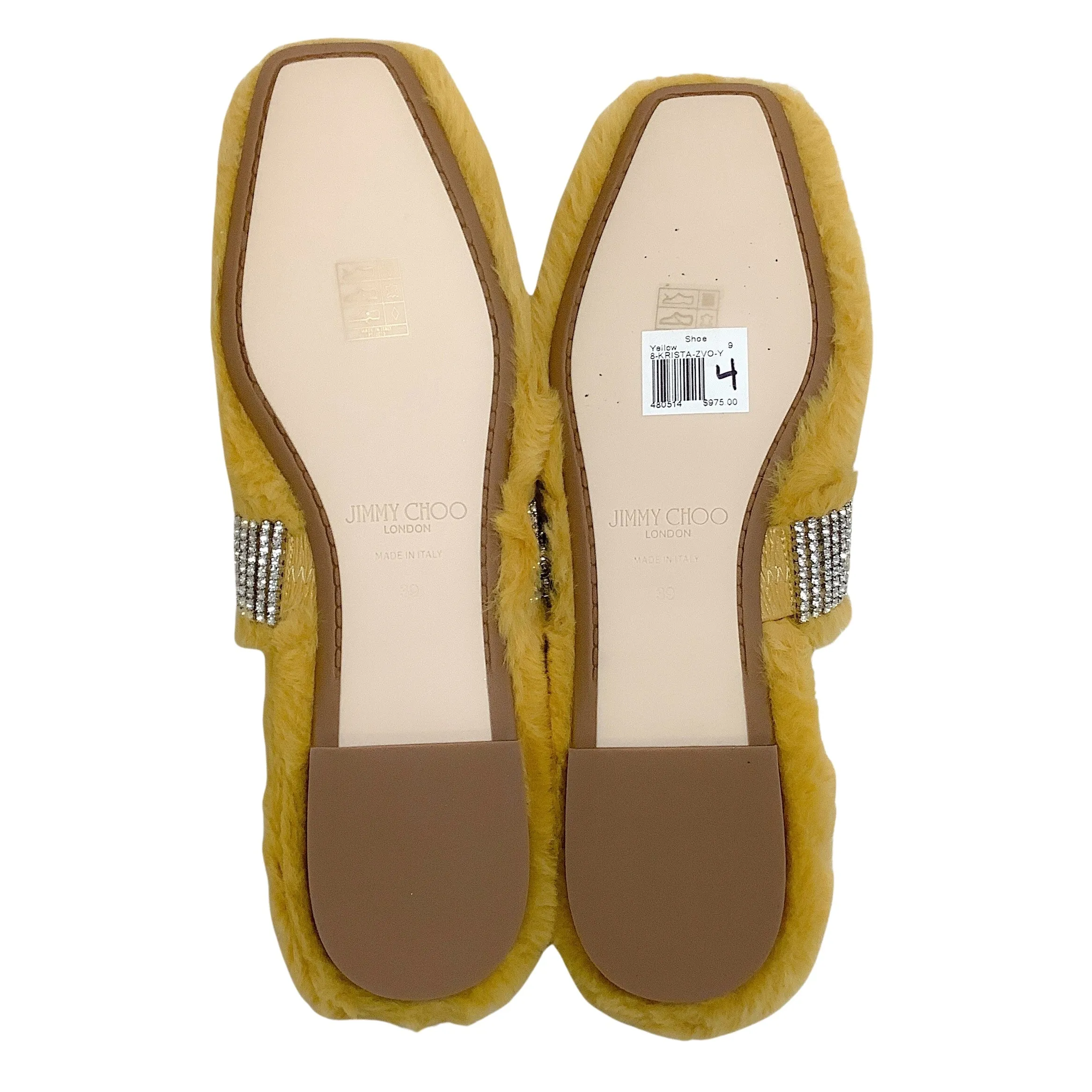 Jimmy Choo Yellow Faux Fur Krista Flats with Crystal Embellishments