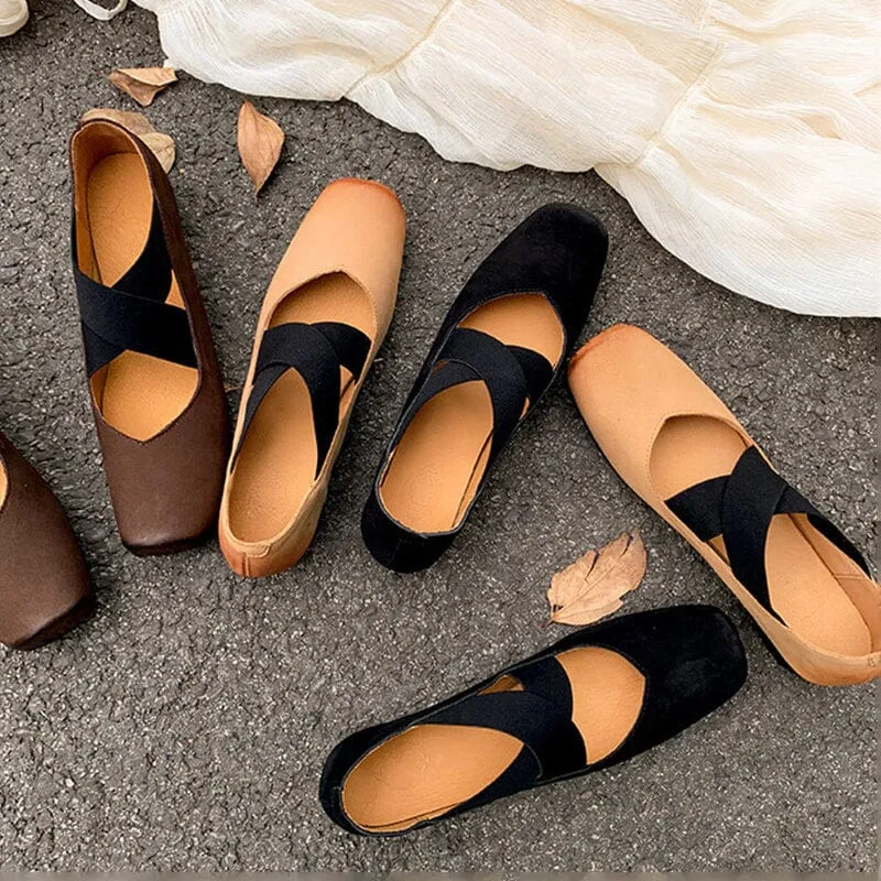 Leather Ballet Flats with Cross-Strap Square Toe in Black/Brown/Apricot