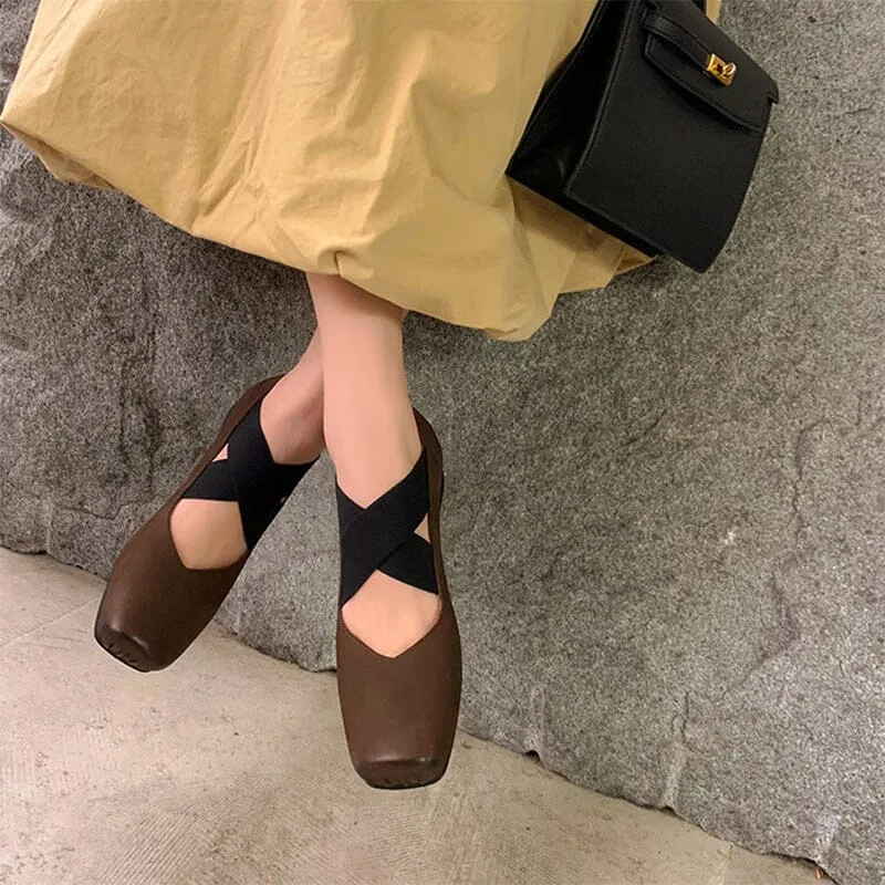 Leather Ballet Flats with Cross-Strap Square Toe in Black/Brown/Apricot