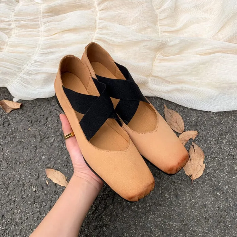 Leather Ballet Flats with Cross-Strap Square Toe in Black/Brown/Apricot