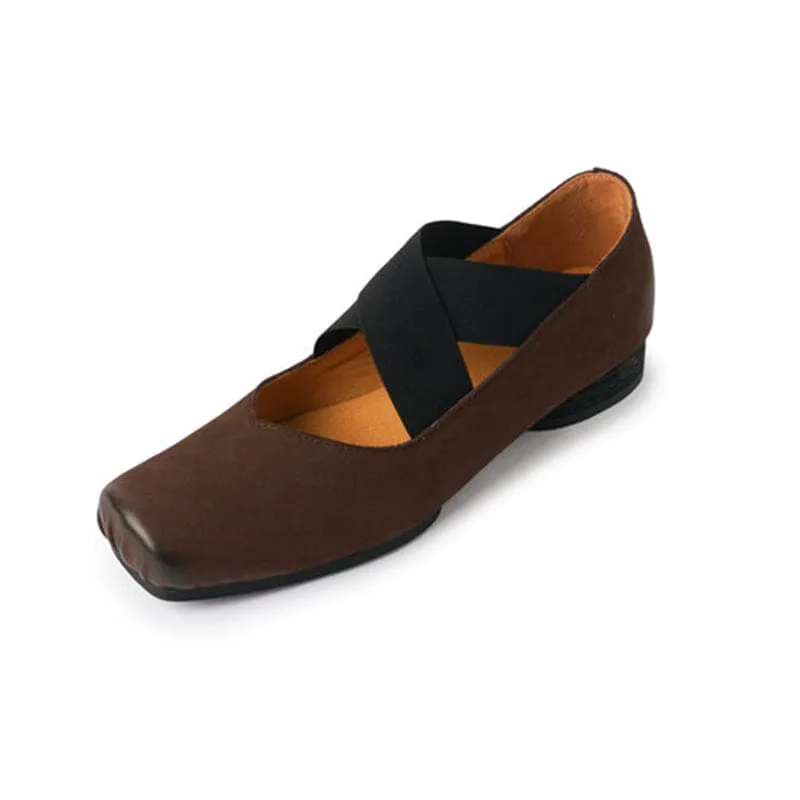 Leather Ballet Flats with Cross-Strap Square Toe in Black/Brown/Apricot