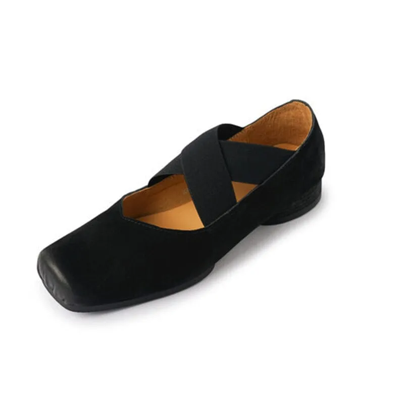 Leather Ballet Flats with Cross-Strap Square Toe in Black/Brown/Apricot