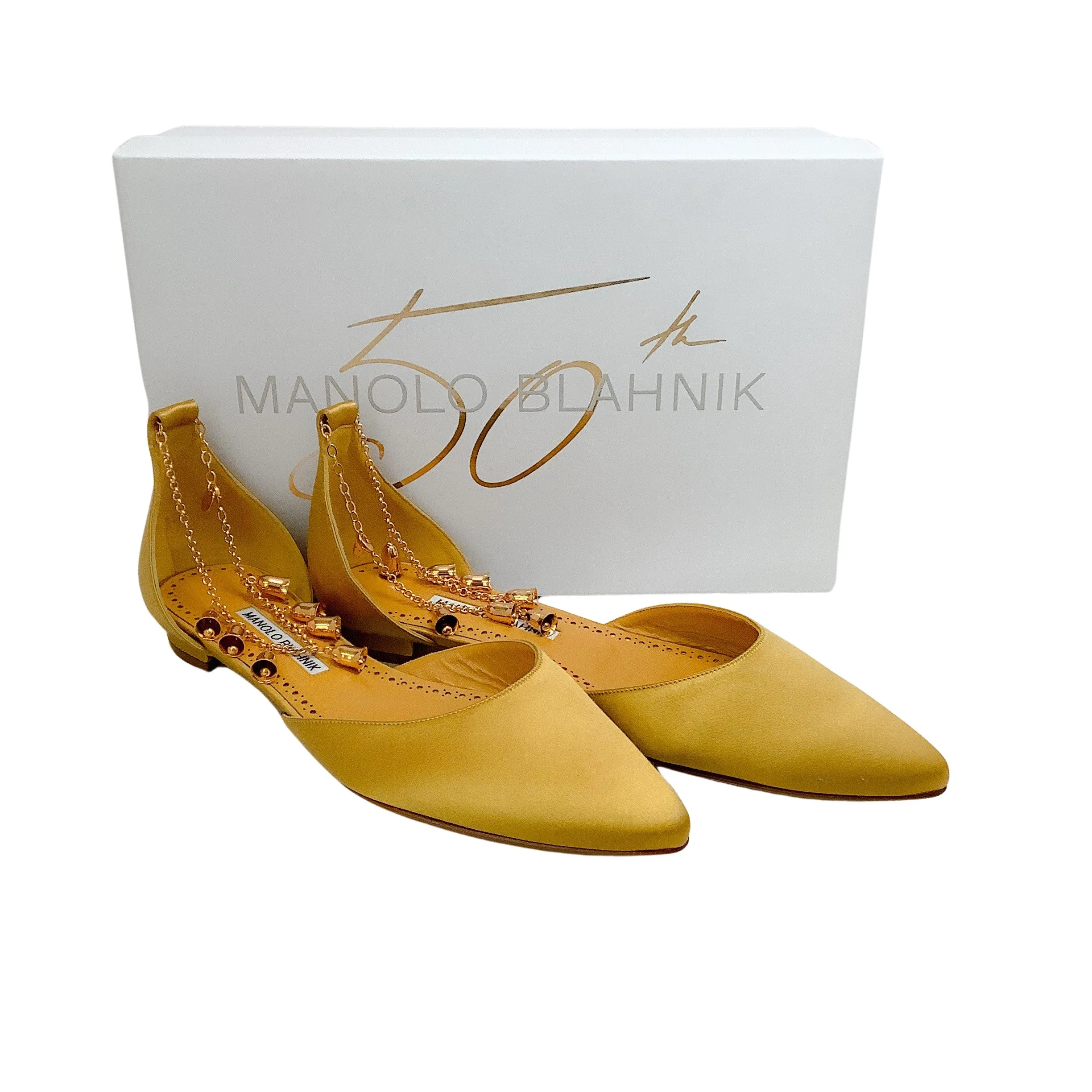 Manolo Blahnik Gold Satin Campanilla Flats