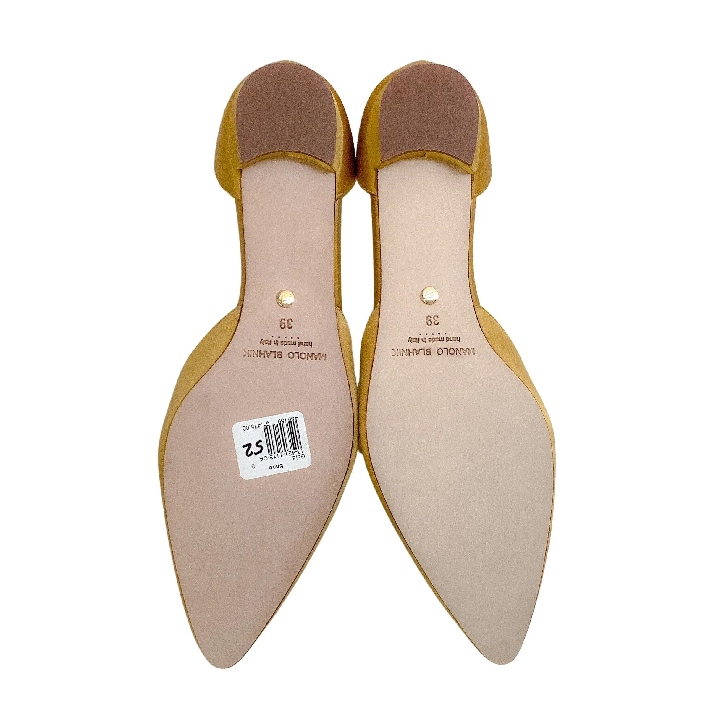 Manolo Blahnik Gold Satin Campanilla Flats