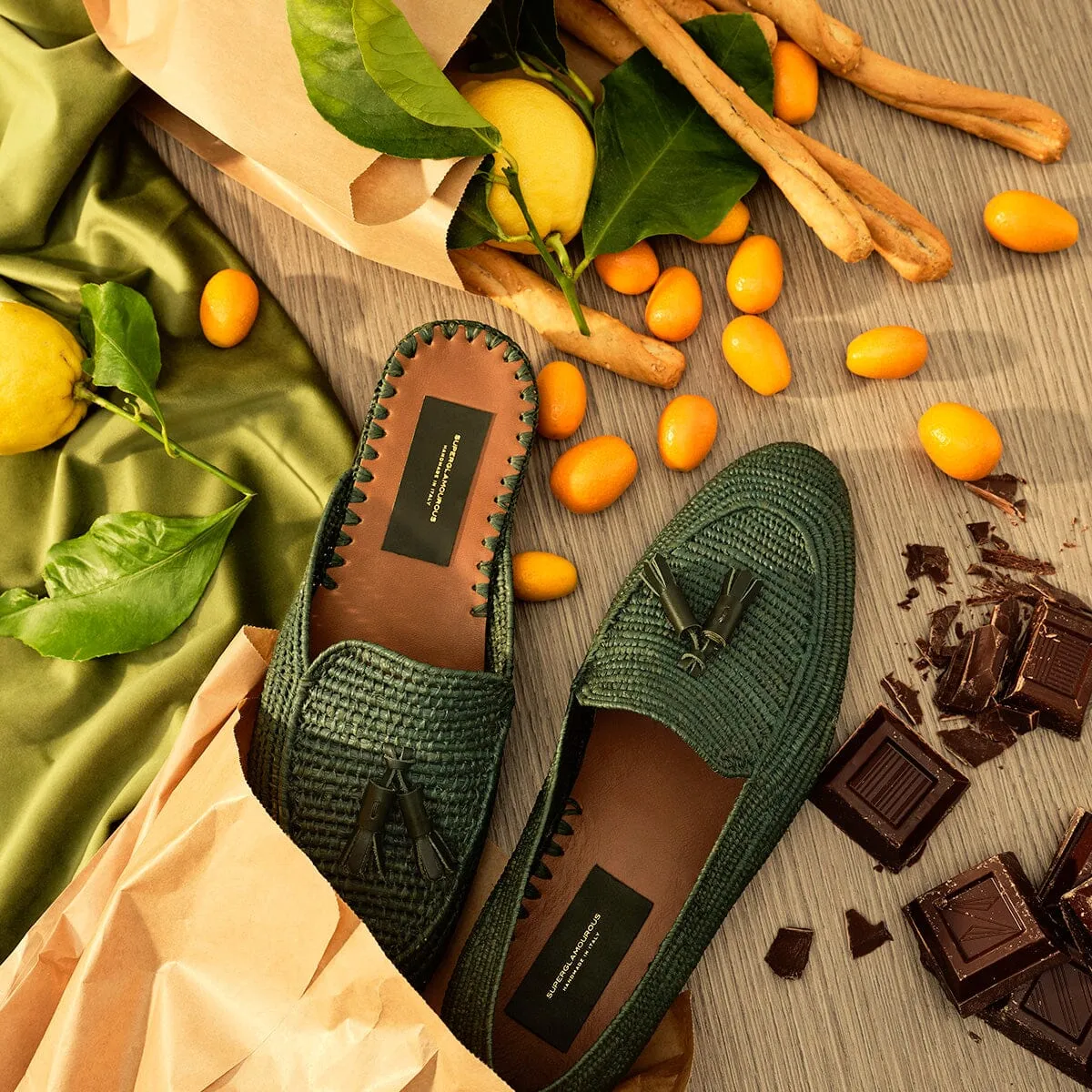 MELILLA RAFIA GREEN LOAFERS