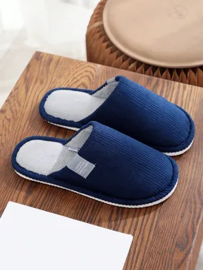 Men's Indoor Slippers,Men's flat-headed blue home slippers, striped plush flat-bottomed slippers, autumn and winter warm plush slippers