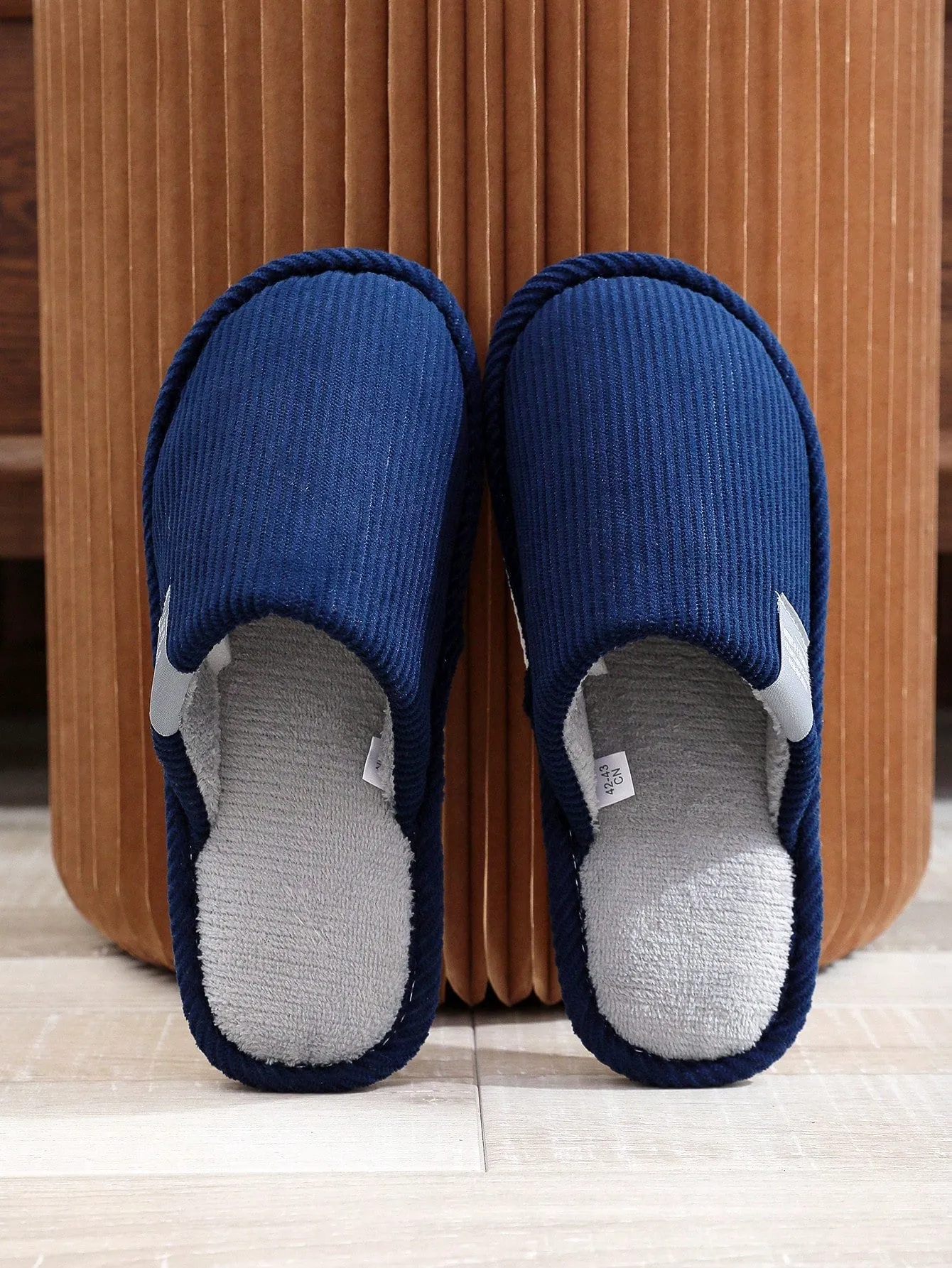 Men's Indoor Slippers,Men's flat-headed blue home slippers, striped plush flat-bottomed slippers, autumn and winter warm plush slippers