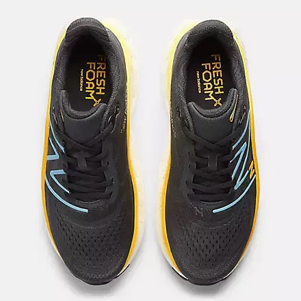 Mens New Balance Fresh Foam X More V4 Running Shoes in Black/Coastal Blue and Ginger Lemon