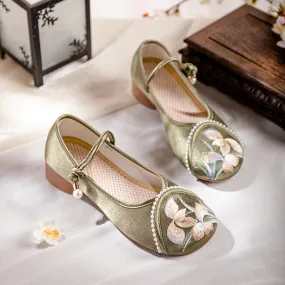 Orchid Flower Embroidery Ankle Strap Low Heel Shoes