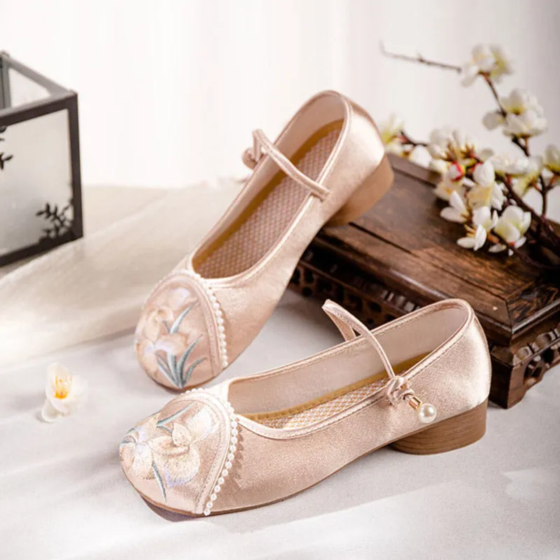 Orchid Flower Embroidery Ankle Strap Low Heel Shoes