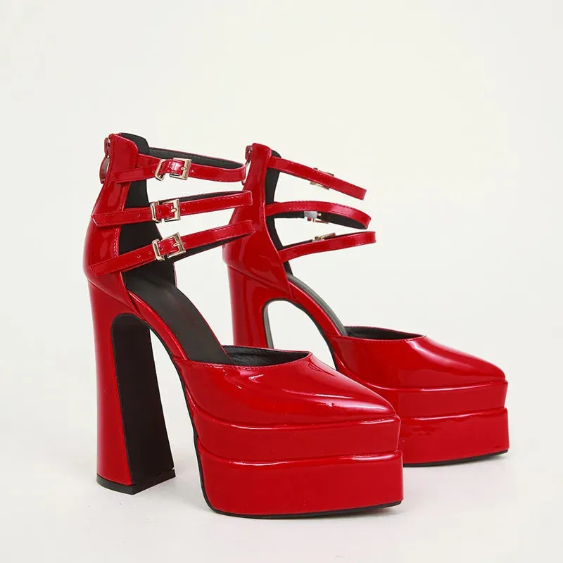 Patent Platform Triple Buckle Heels