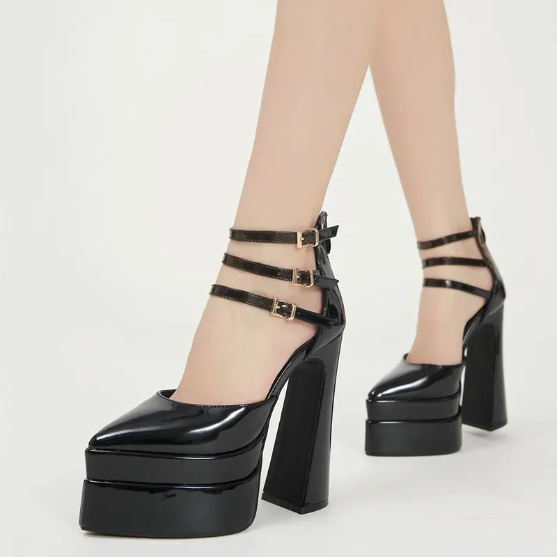 Patent Platform Triple Buckle Heels