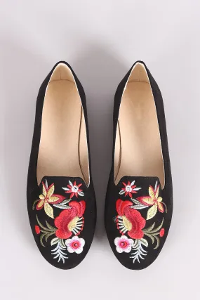 Qupid Embroidered Floral Suede Loafer Flat