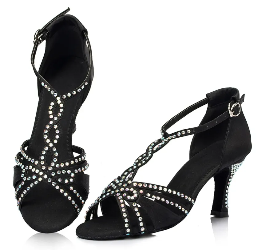 Rhinestone Dance Shoes Black for Salsa Latin Ballroom Dance Performance