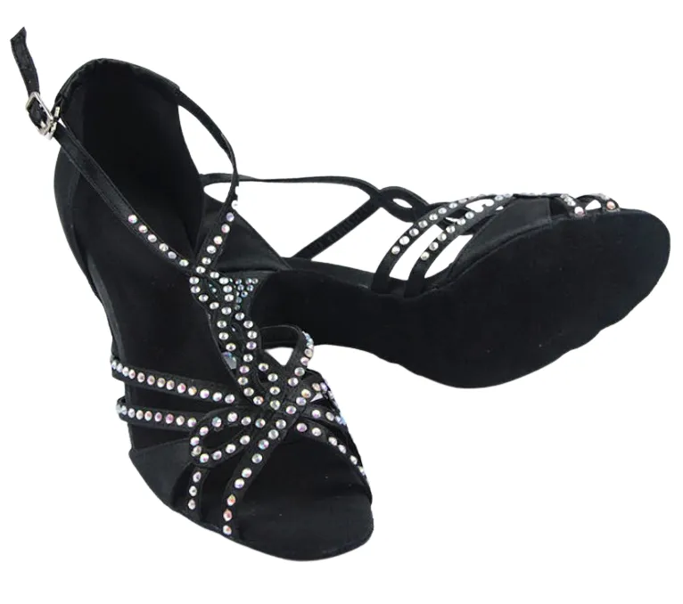 Rhinestone Dance Shoes Black for Salsa Latin Ballroom Dance Performance