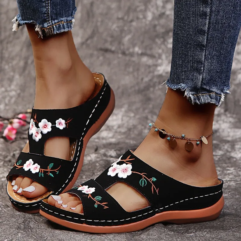 Women Summer Embroidered Open Toe Soft Most Comfortable Sandals