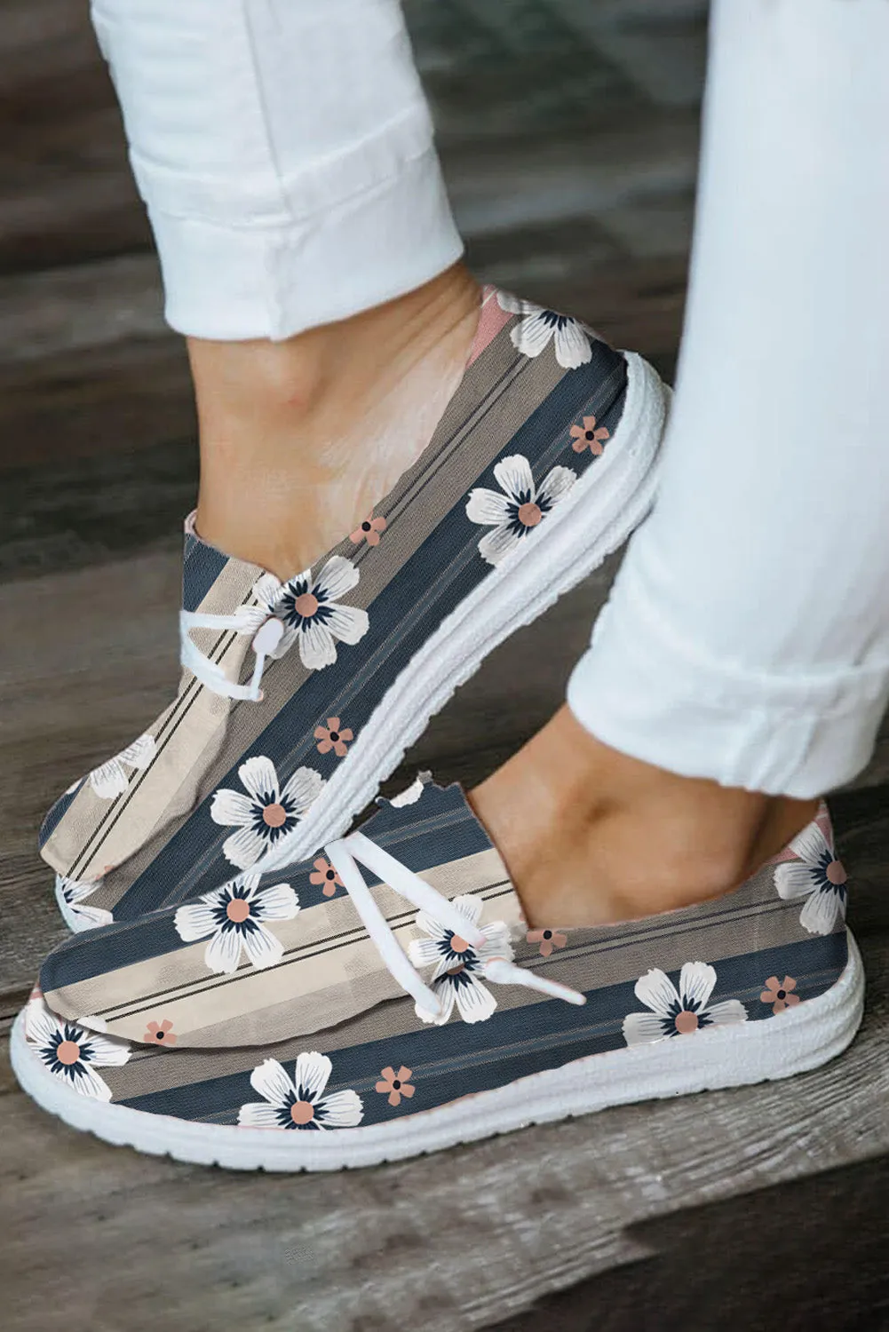 Women's Flower Print Lace Up Slip On Canvas Shoes