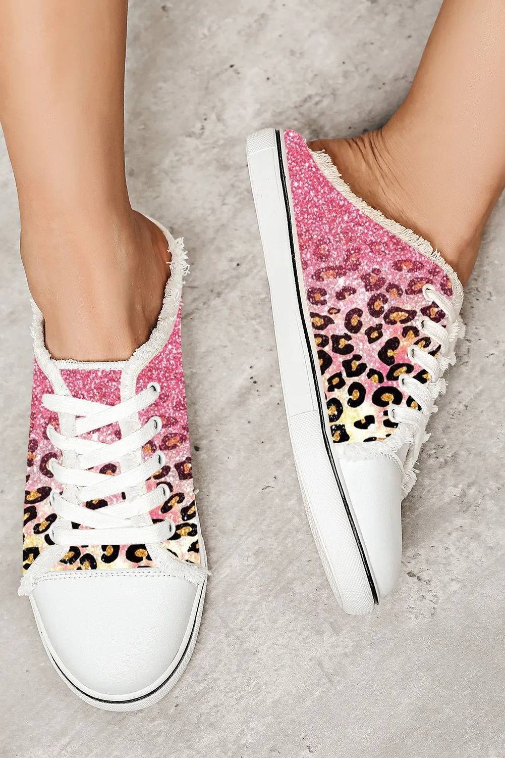 Women's Pink Mule Sneakers Leopard Ombre Lace Up Slip on Platform Shoes